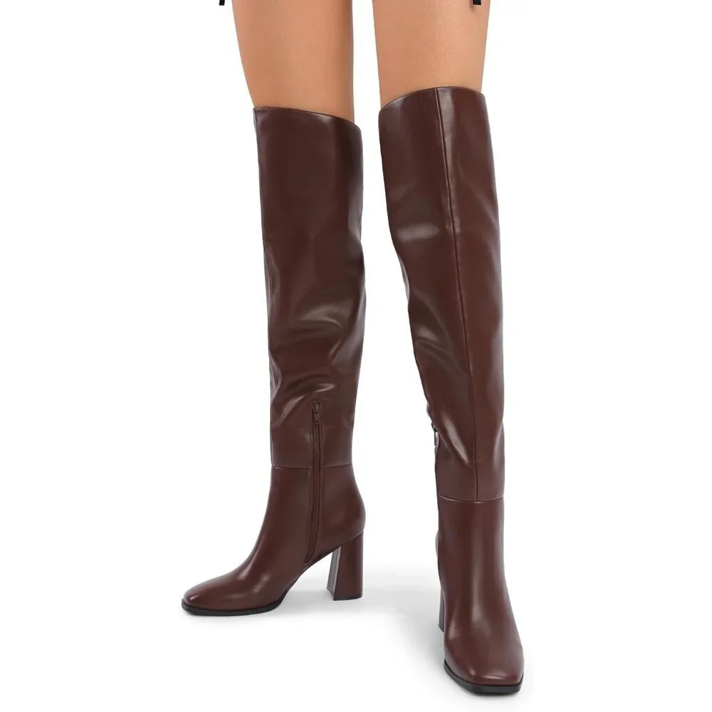 Women's Brown Faux Leather Thigh High Block Chunky Heeled Knee High Long Boots